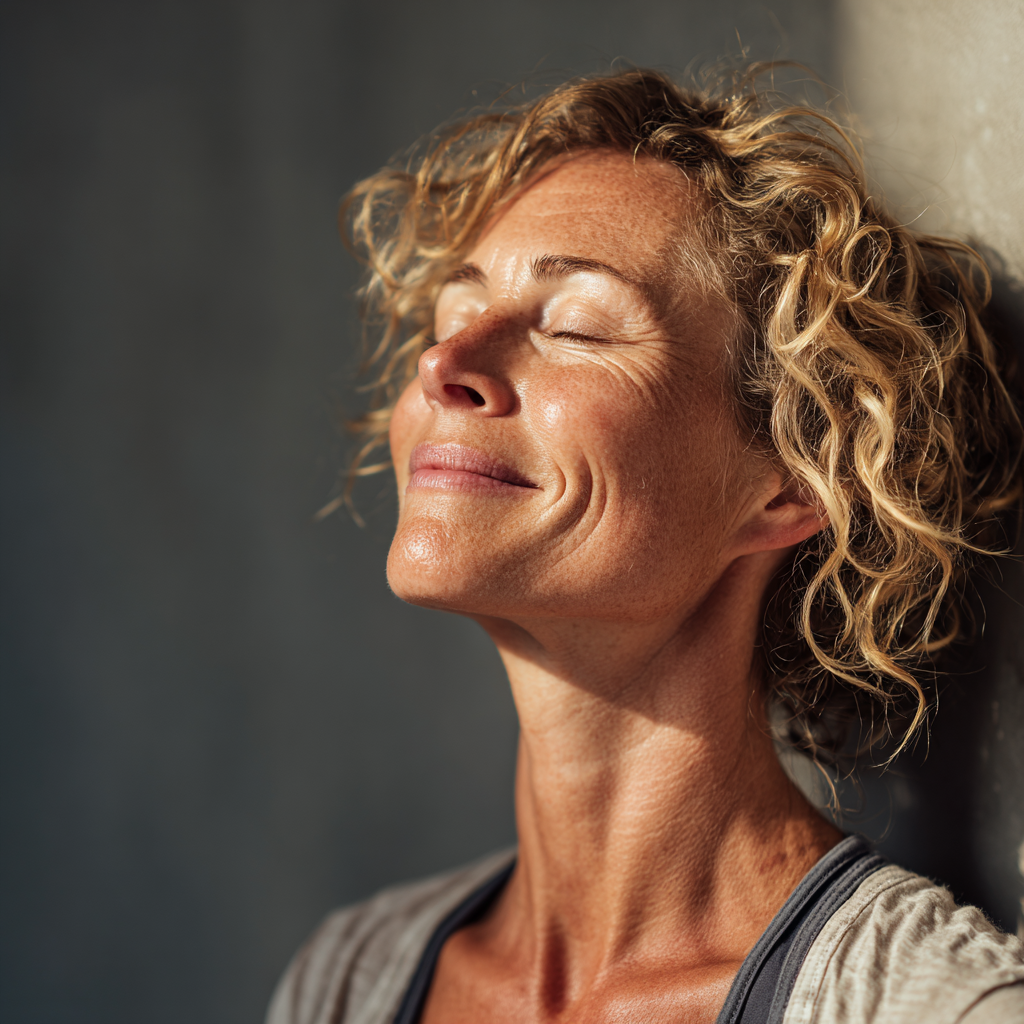 Peaceful European man in his 40s doing morning breathing exercises outdoors, sitting in meditation pose with gentle smile and closed eyes